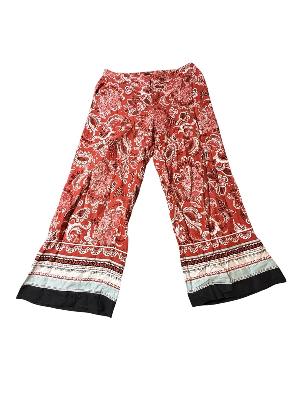 Ann Taylor Factory Linen Wide Leg Pants 12 Red Paisley Floral Palazzo Boho